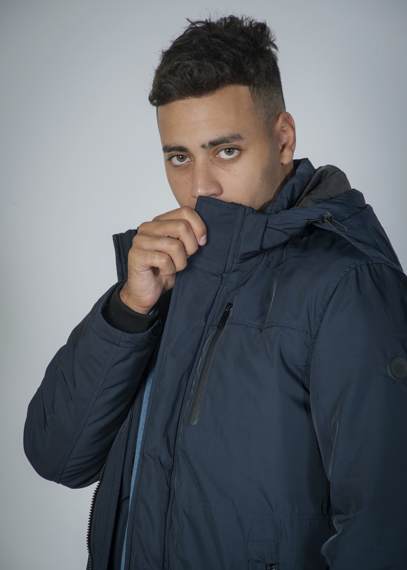 Men's night blue padded jacket with detachable hood