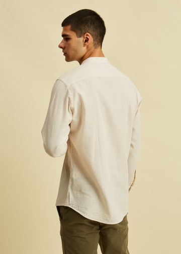 Solid color Linen Blend Shirt, Mao Collar