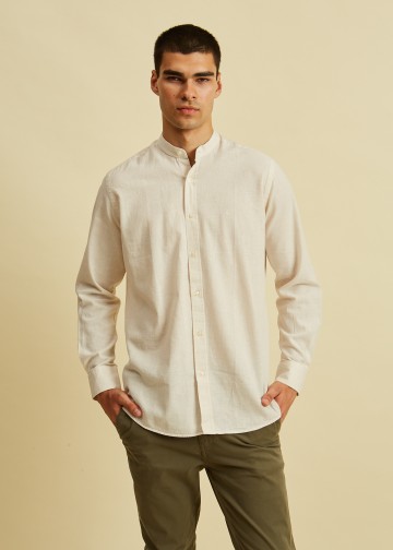 Solid color Linen Blend Shirt, Mao Collar