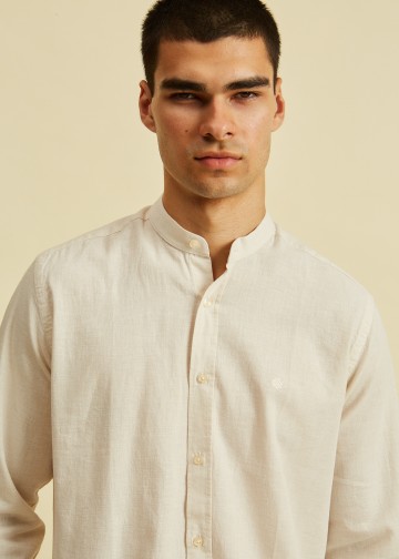 Solid color Linen Blend Shirt, Mao Collar