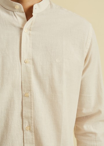 Solid color Linen Blend Shirt, Mao Collar
