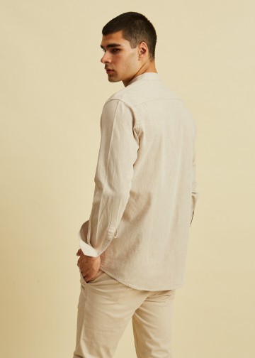 Solid color Linen Blend Shirt, Mao Collar
