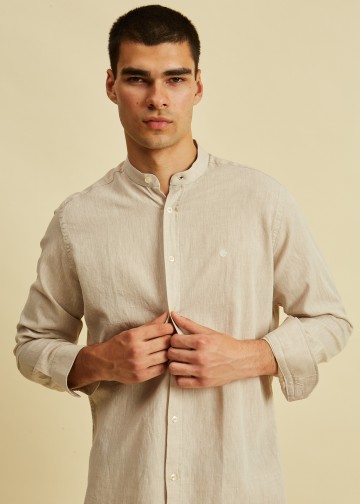 Solid color Linen Blend Shirt, Mao Collar