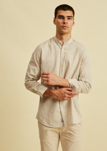 Solid color Linen Blend Shirt, Mao Collar