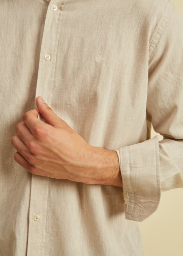 Solid color Linen Blend Shirt, Mao Collar