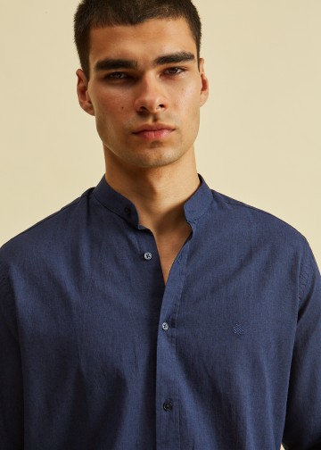 Solid color Linen Blend Shirt, Mao Collar