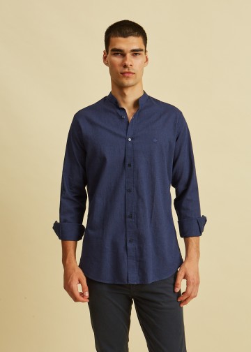 Solid color Linen Blend Shirt, Mao Collar
