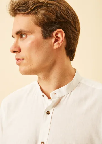 Solid Color Linen Blend Shirt, Mao Collar