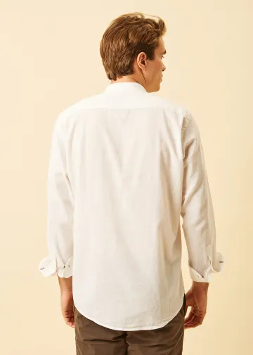 Solid Color Linen Blend Shirt, Mao Collar