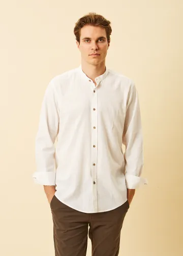 Solid Color Linen Blend Shirt, Mao Collar