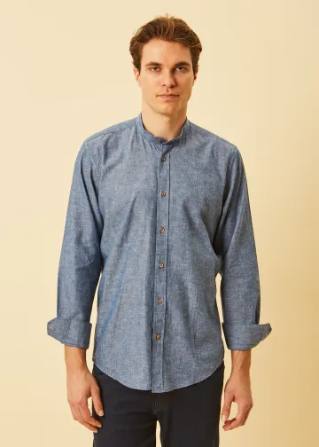 Solid Color Linen Blend Shirt, Mao Collar