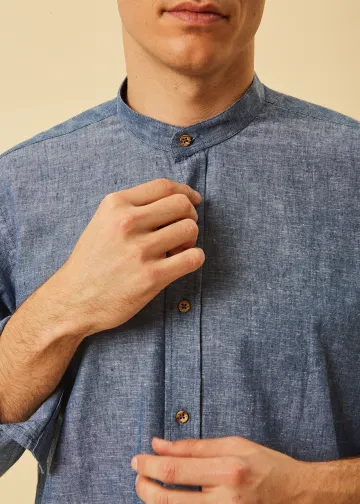Solid Color Linen Blend Shirt, Mao Collar