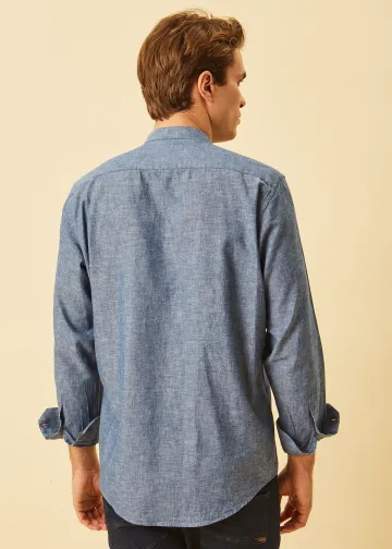 Solid Color Linen Blend Shirt, Mao Collar
