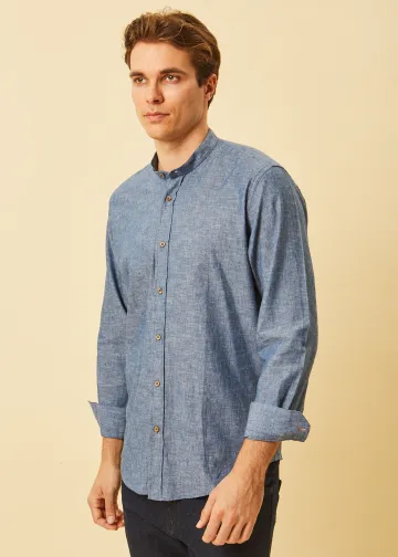 Solid Color Linen Blend Shirt, Mao Collar