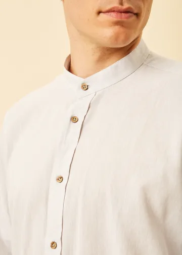 Solid Color Linen Blend Shirt, Mao Collar