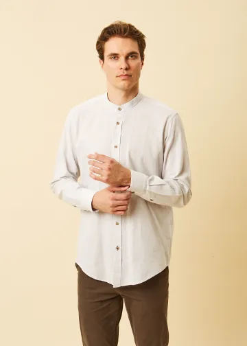 Solid Color Linen Blend Shirt, Mao Collar