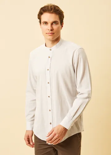 Solid Color Linen Blend Shirt, Mao Collar