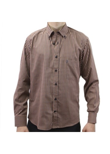 Men's tan brown yarn dyed checkered shirt